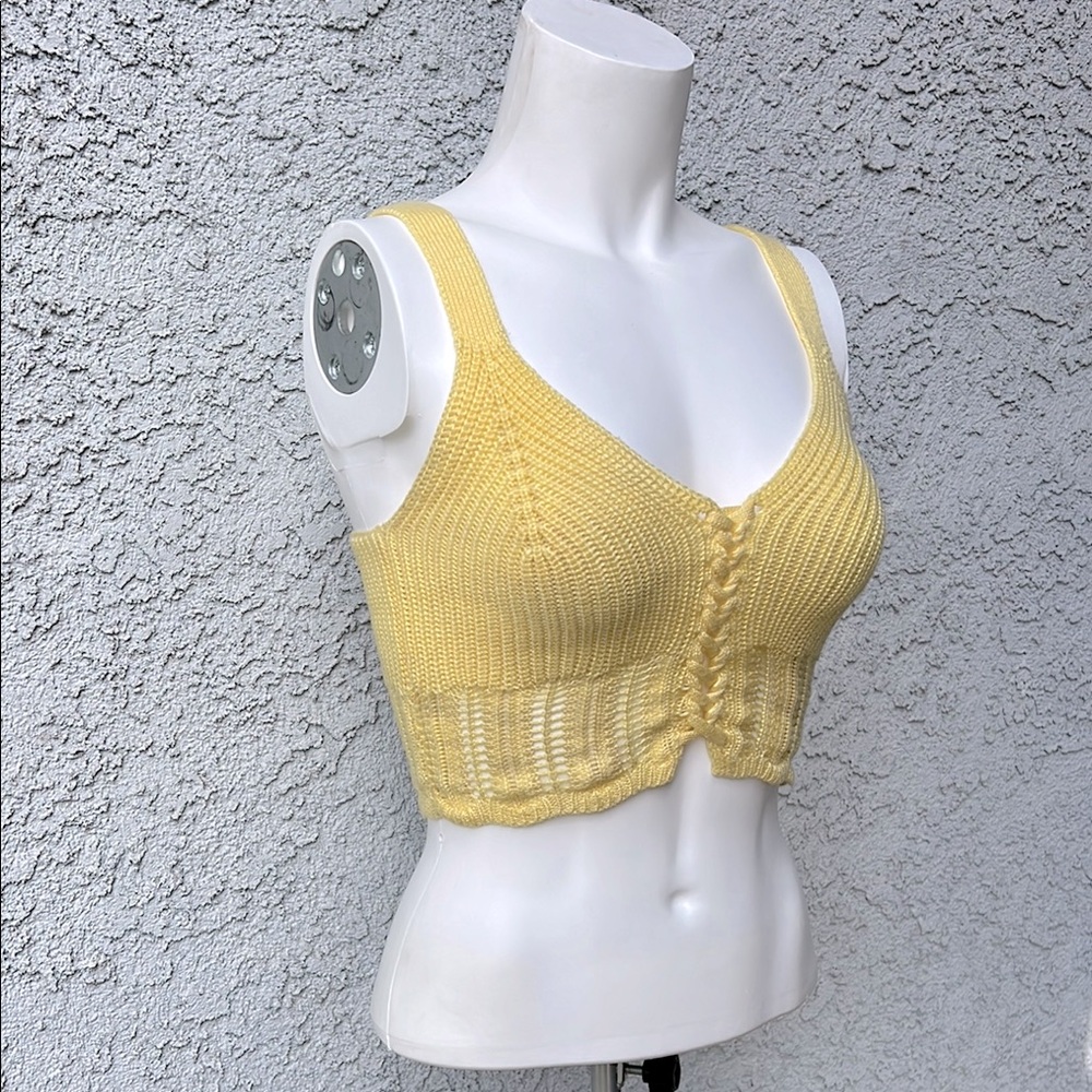 Jolie & Joy FCT Yellow Knit Crochet Bra Top Crop Tank Shirt Festival Boho Vibe